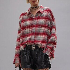NWT R13 Drop Neck Cropped Shirt - Red Grey Plaid